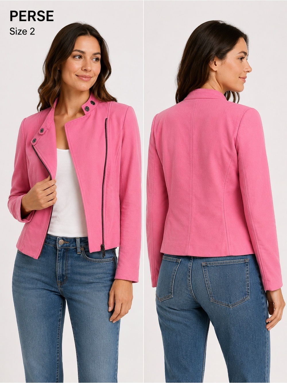 Per Se Pink Moto Jacket Blazer Size 2 Stretch Zip Front Chic Career Jacket